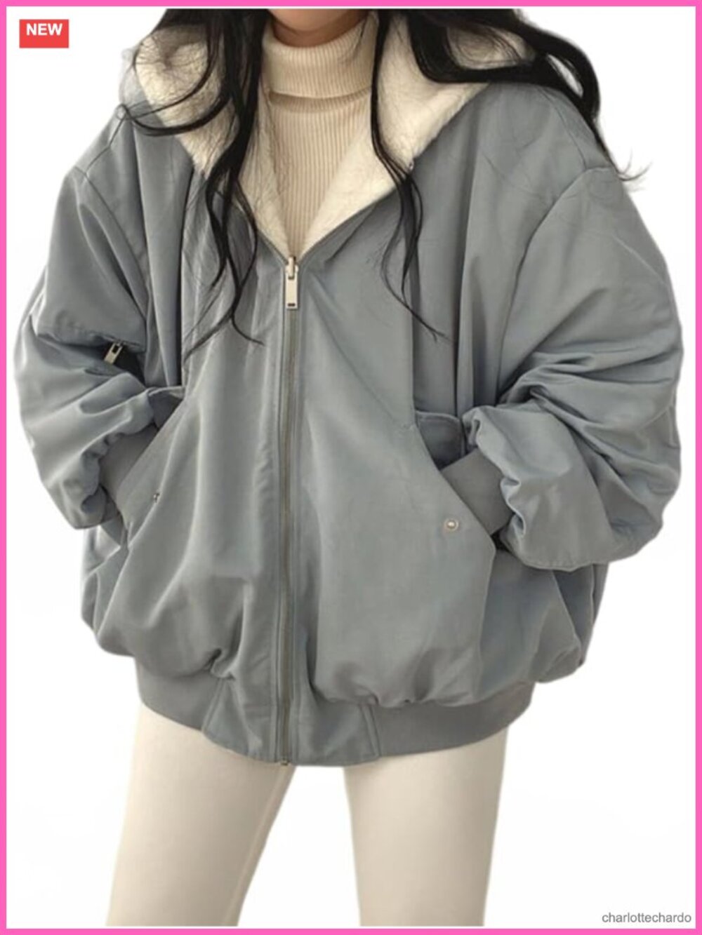 Reversible Fleece Puffer Coat Hooded Oversized Long Sleeve Full Zip Winter